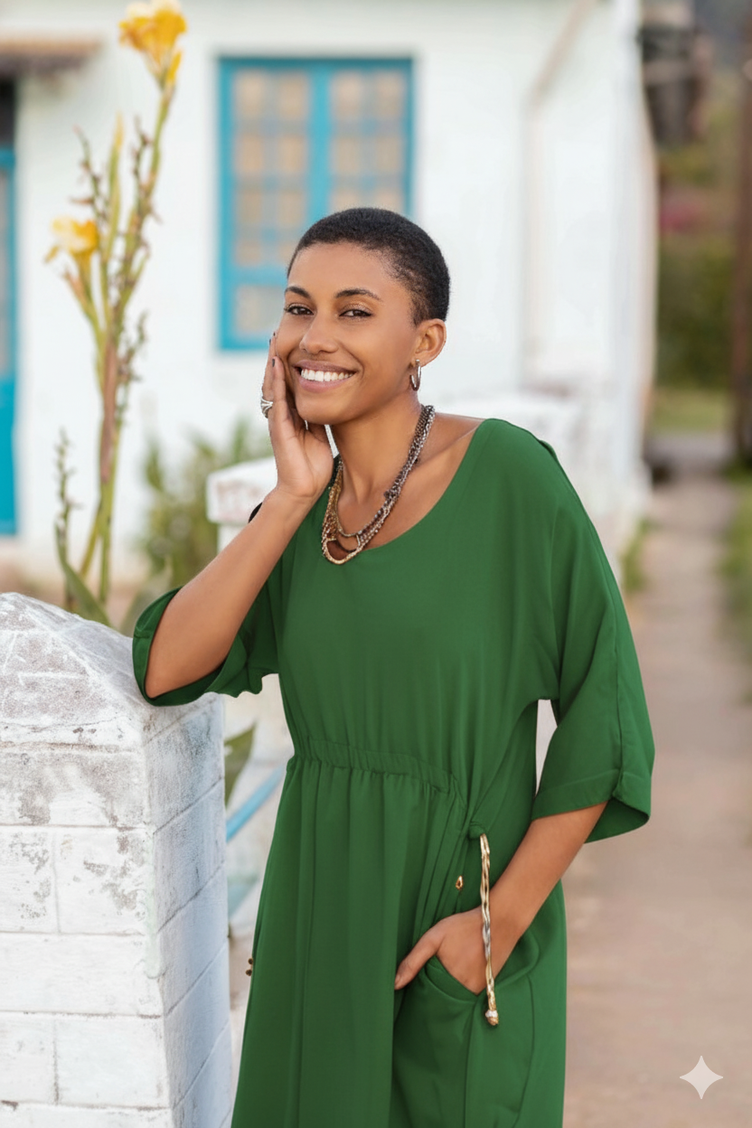 Vestido longo com cordão de crochê e carimbos