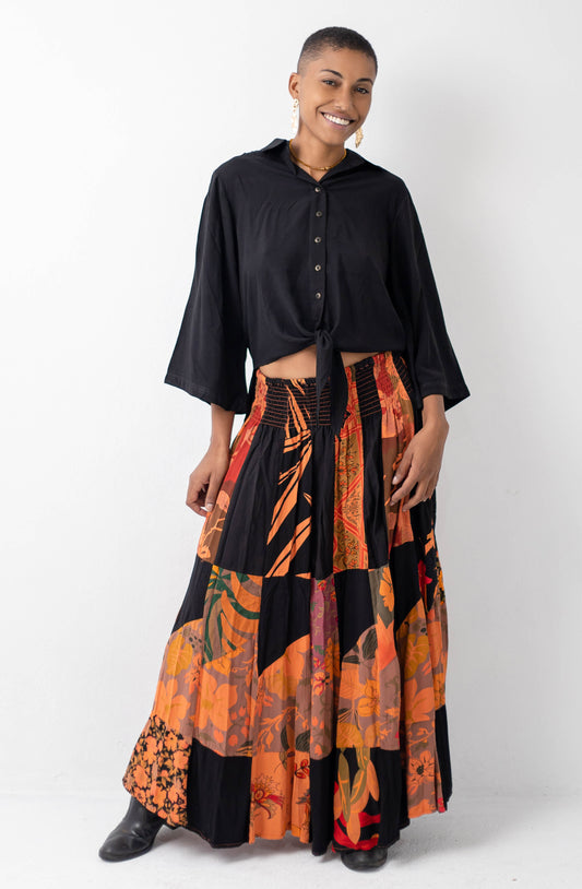 Saia longa em patchwork com cos alto