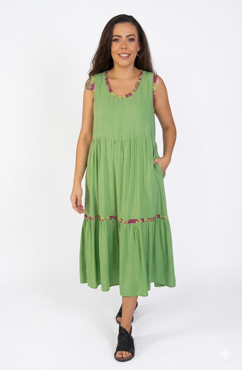 Vestido com detalhes estampados e bolsos laterais