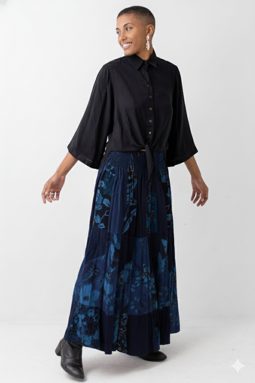 Saia longa em patchwork com cós alto