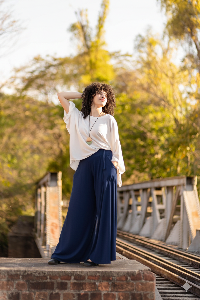 Calça pantalona com ajuste na cintura