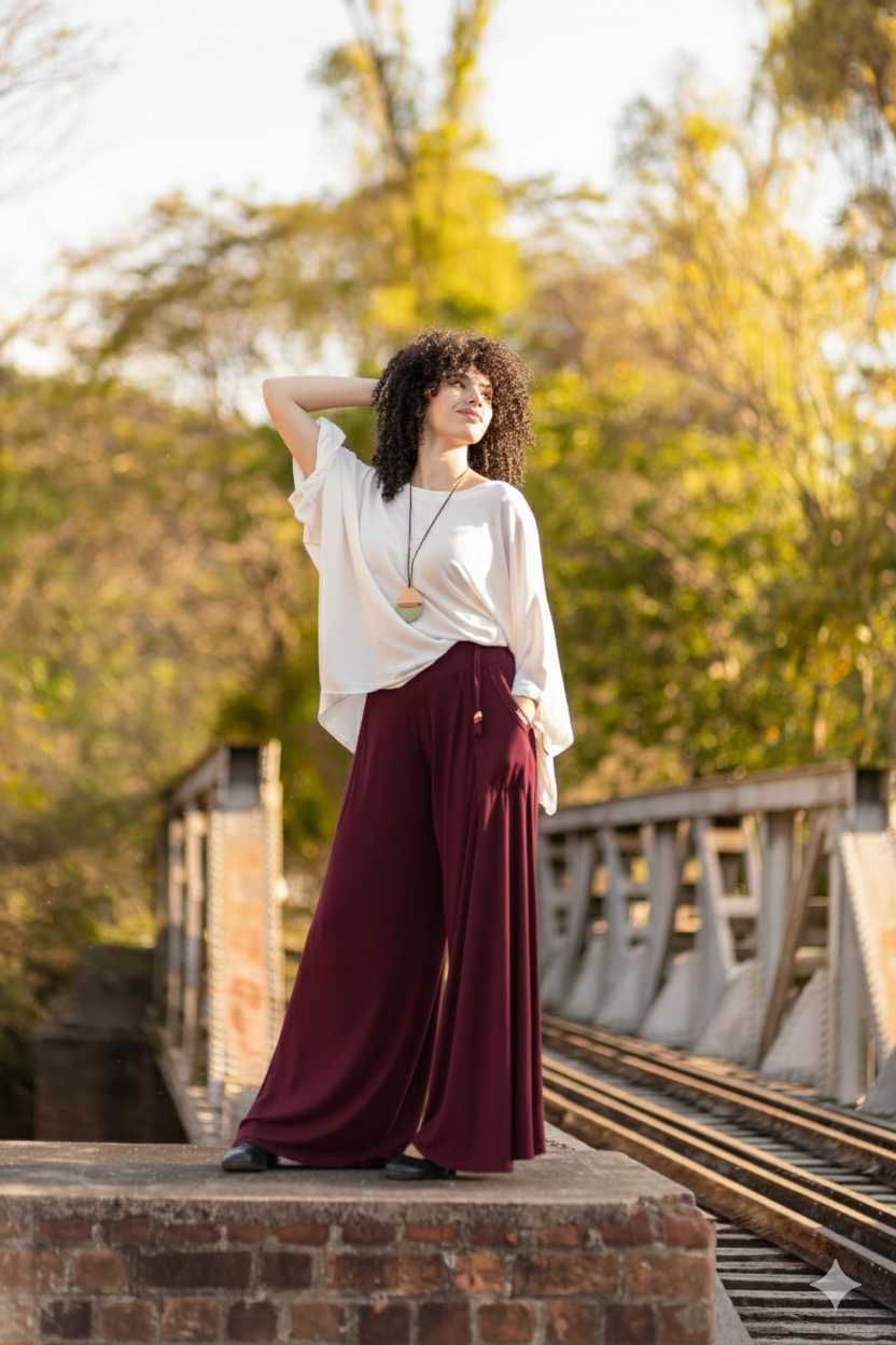 Calça pantalona com ajuste na cintura