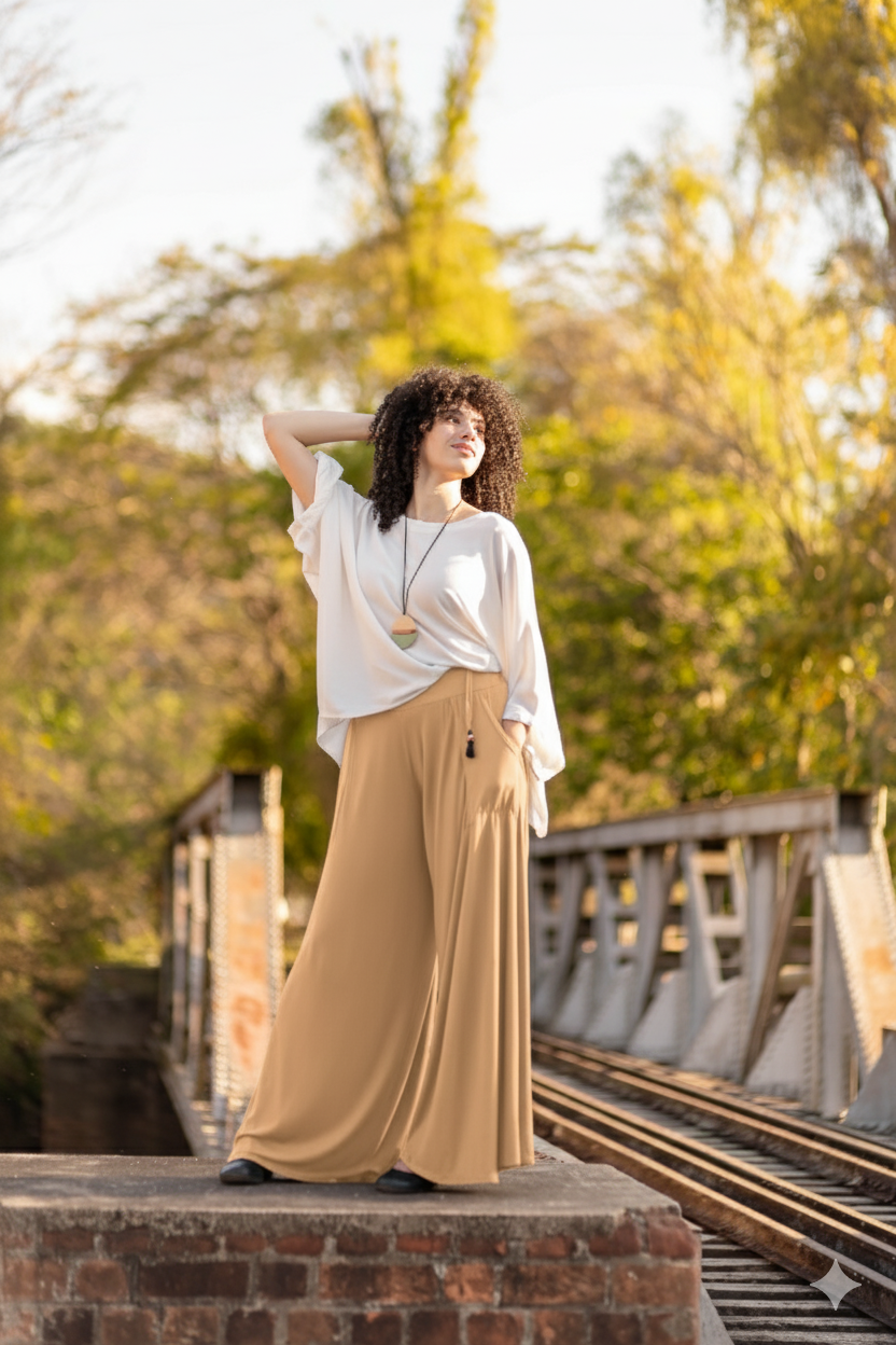 Calça pantalona com ajuste na cintura