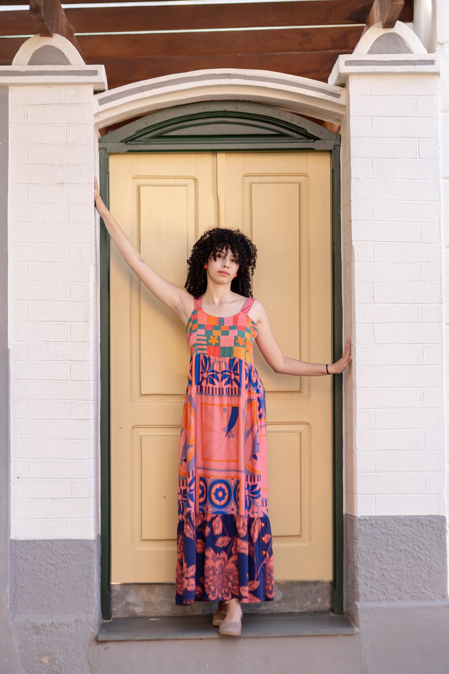 Vestido longo de alças estampado