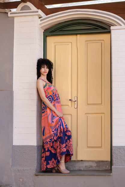 Vestido longo de alças estampado