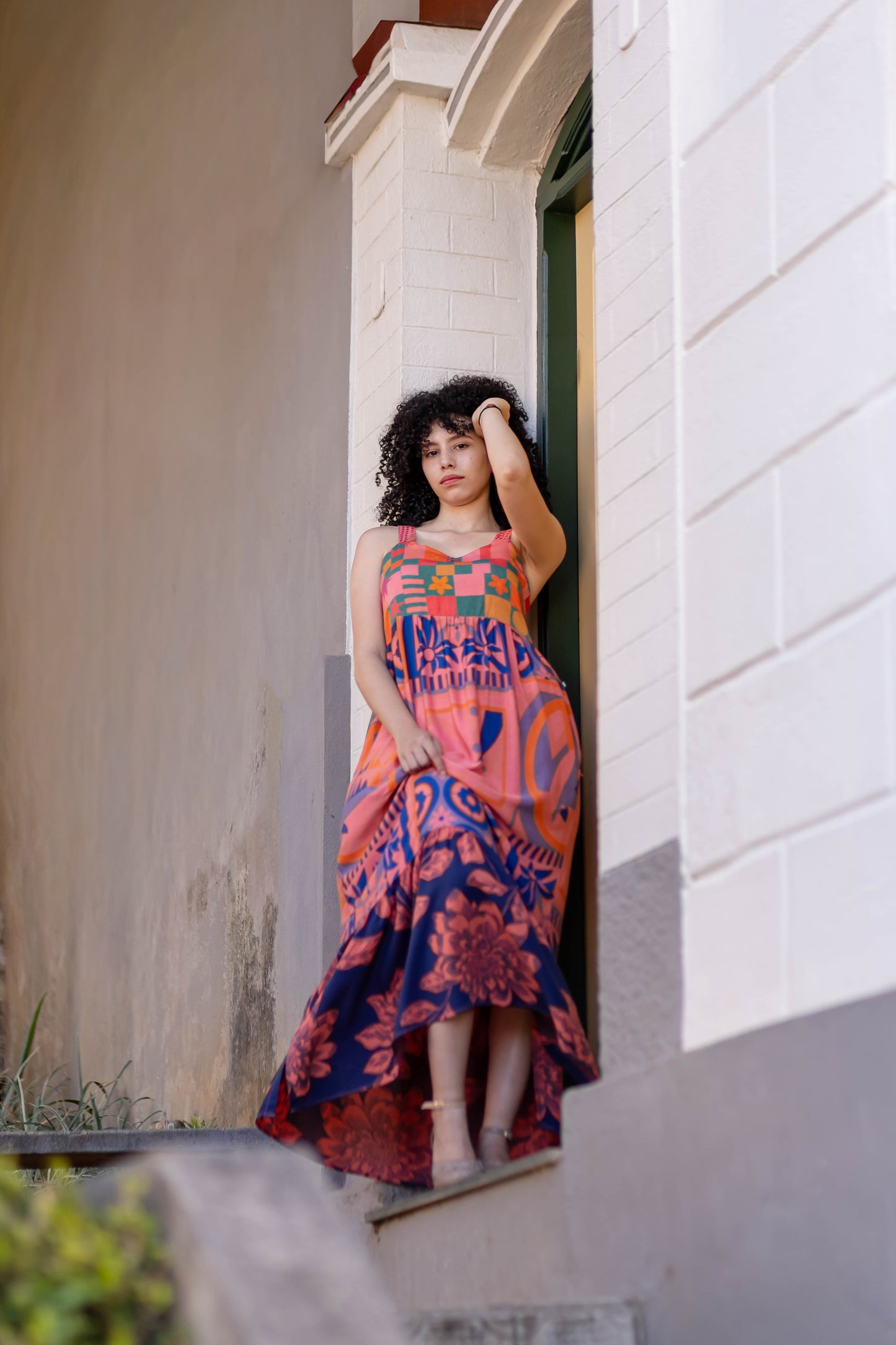 Vestido longo de alças estampado