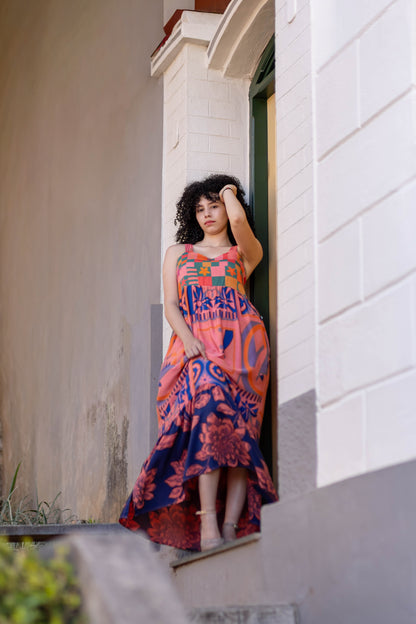 Vestido longo de alças estampado