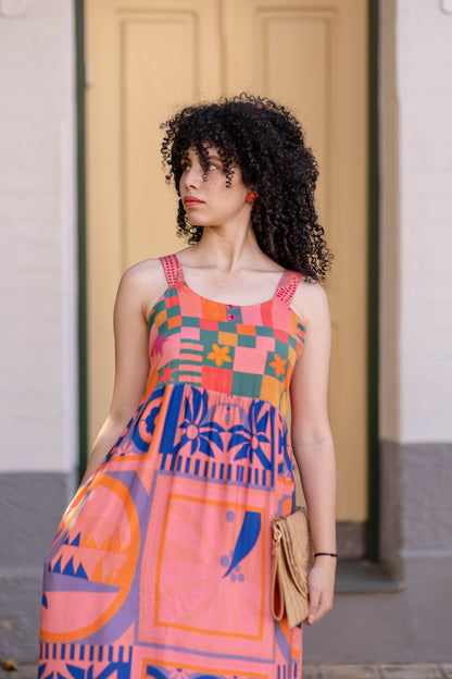 Vestido longo de alças estampado