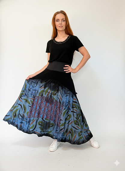 Saia patchwork em malha e cós em cotton