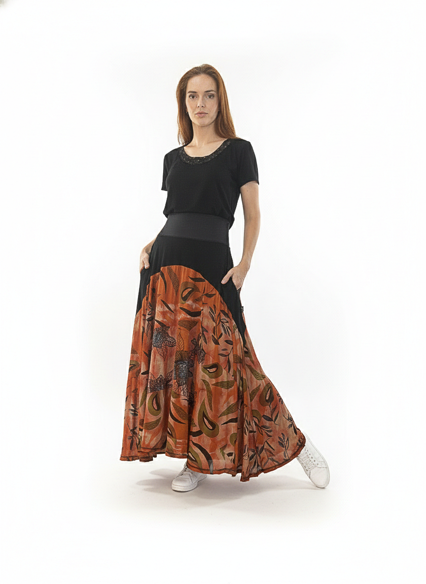 Saia patchwork em malha e cós em cotton