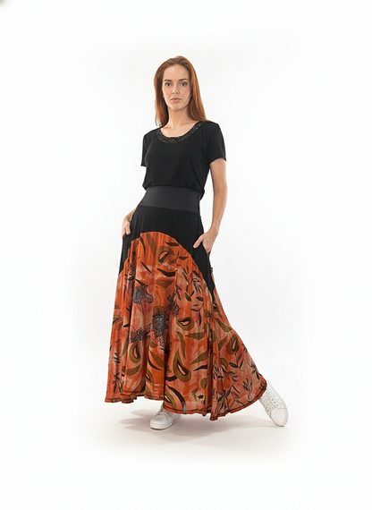 Saia patchwork em malha e cós em cotton