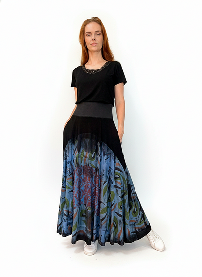 Saia patchwork em malha e cós em cotton