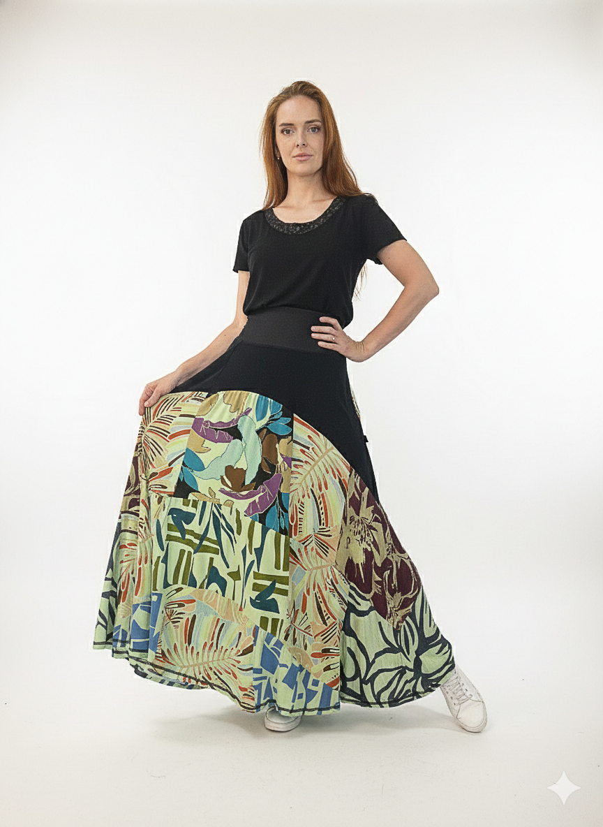 Saia patchwork em malha e cós em cotton