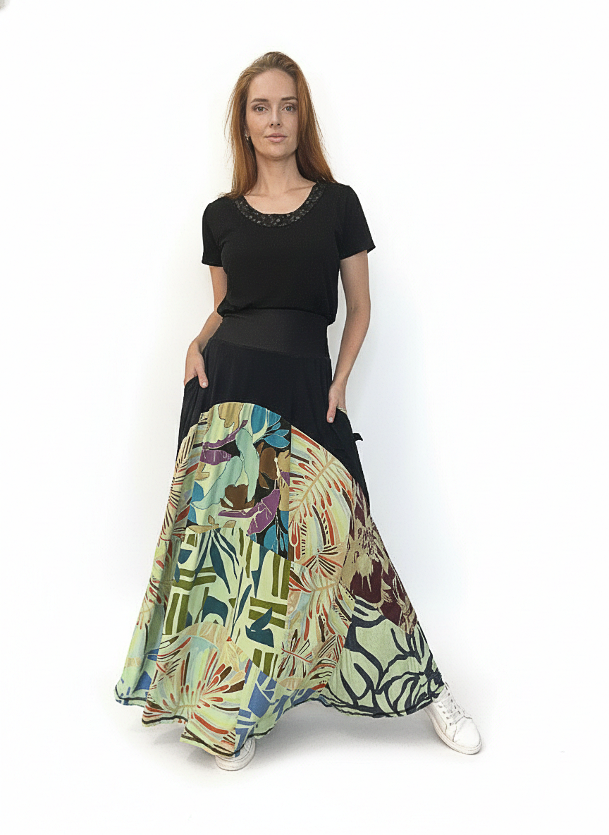 Saia patchwork em malha e cós em cotton