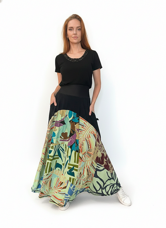 Saia patchwork em malha e cós em cotton