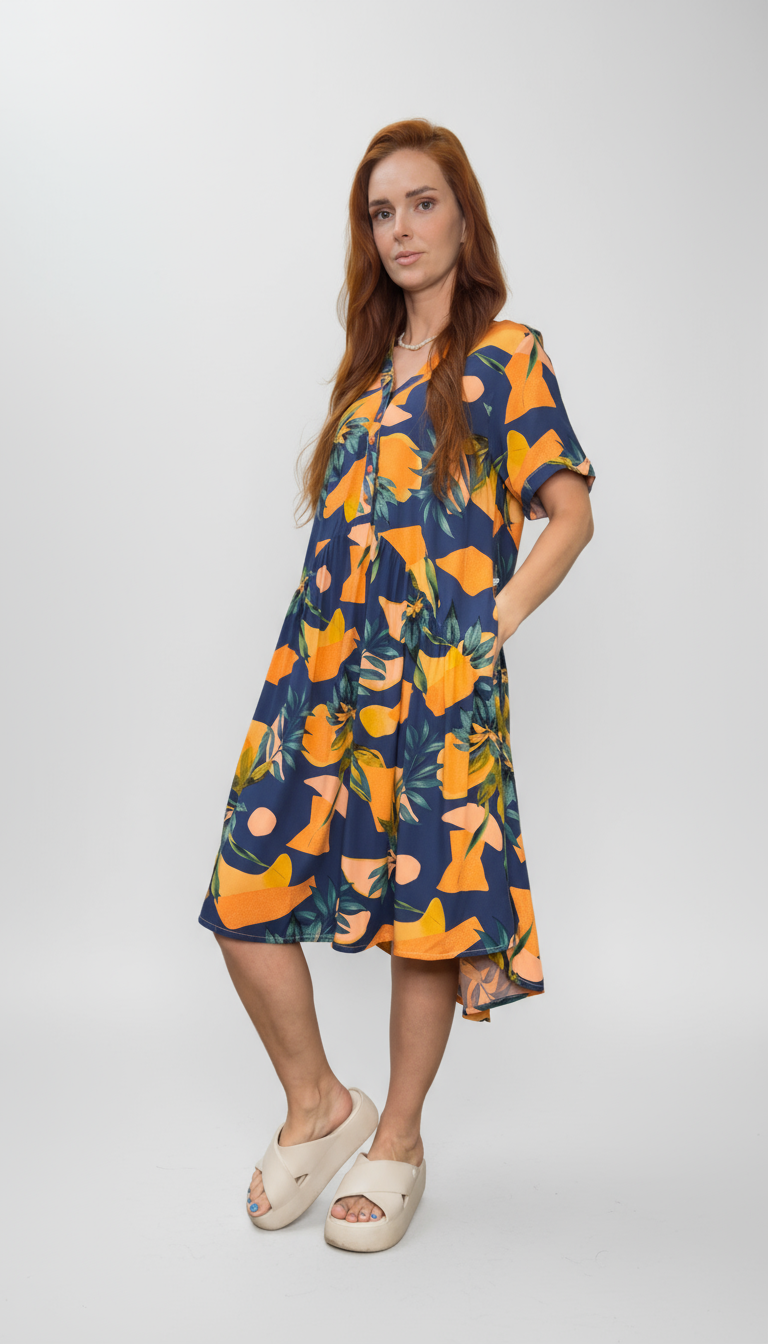 Vestido com botões na frente e gola padre