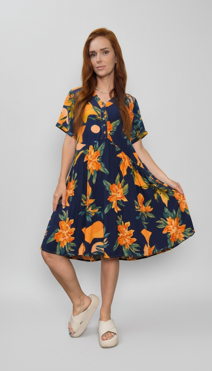 Vestido com botões na frente e gola padre