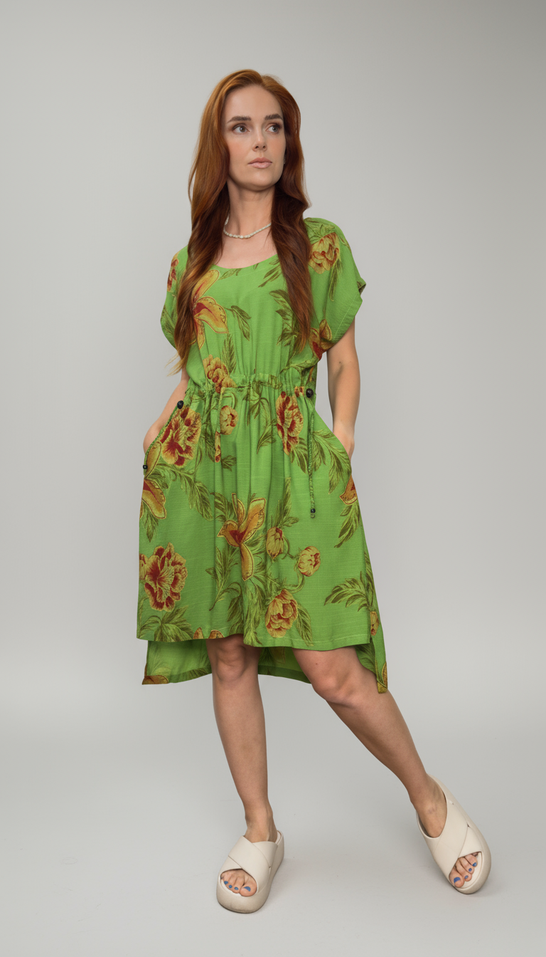 Vestido curto com barra mullet e ajuste na cintura