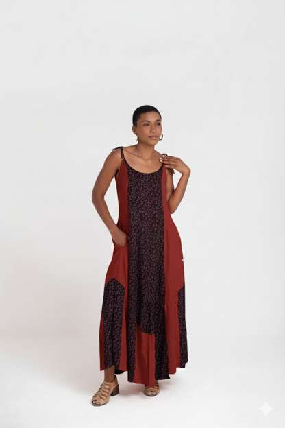 Vestido de alças finas e recorte na barra