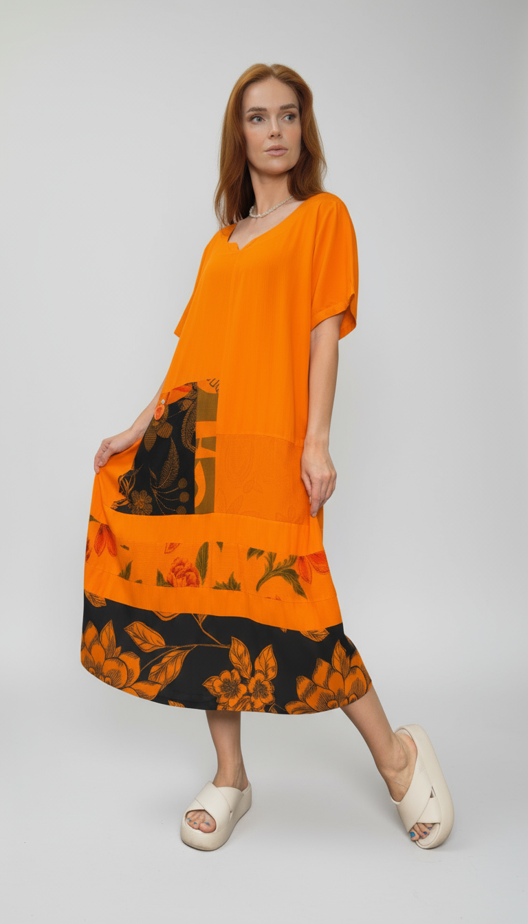 Vestido de patchwork com bolso grande na frente