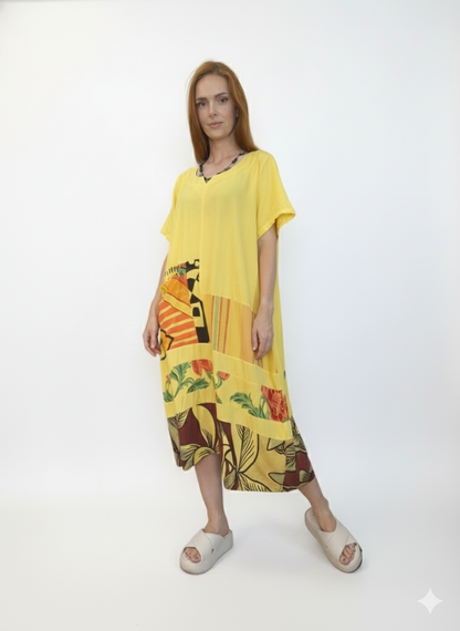 Vestido de patchwork com bolso grande na frente