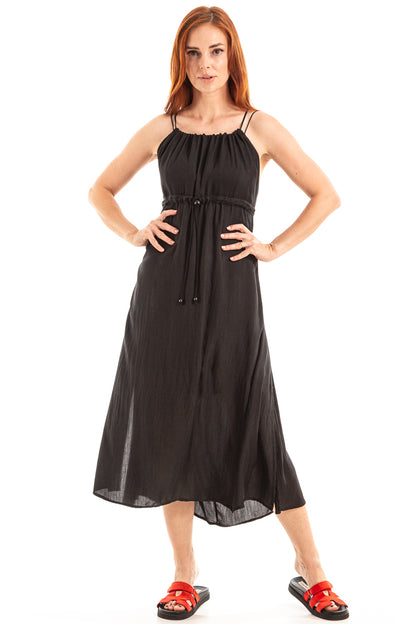 Vestido em seda com ajustes na cintura e nas costas